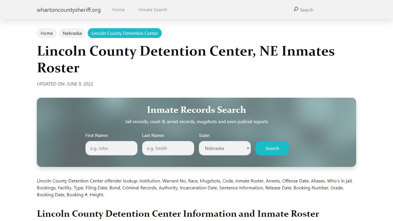 Lincoln County Detention Center, NE Jail Roster, Name Search